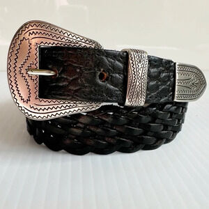 Vintage Crocodile, Woven Leather Belt Black Silver Decorative Buckle